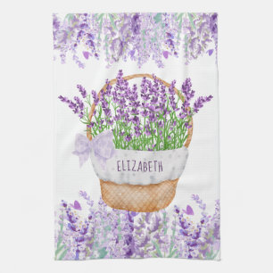 Monogram Namn Lavendel Blommor Korg Grön Lila Kökshandduk