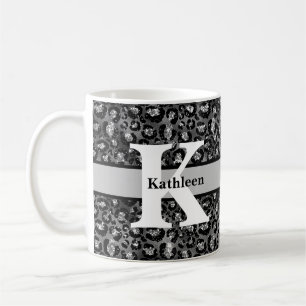 Monogram Namn Leopardtryck Svart Silver Grå Kaffemugg