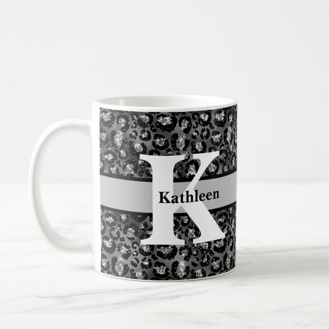 Monogram Namn Leopardtryck Svart Silvergrå  Kaffemugg (Vänster)