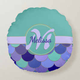 Monogram + Namn Lila & Aqua Teal #Sjöjungfru Scale Rund Kudde