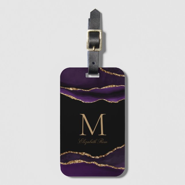 Monogram Namn Lila Guld Black Bagagebricka (Framsida vertikal)