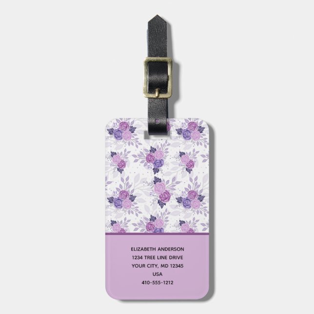 Monogram Namn Lila Rosa Blommigt Elegant Bagagebricka (Vertikal Framsida)
