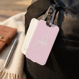 Monogram Namn Ljus Rosa Vitt Elegant Tjejigt  Bagagebricka