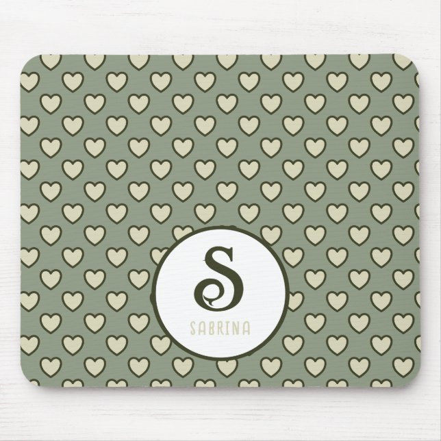 Monogram Namn Ljust grönt Hearts Mönster Mouse Pad Musmatta (Framsidan)
