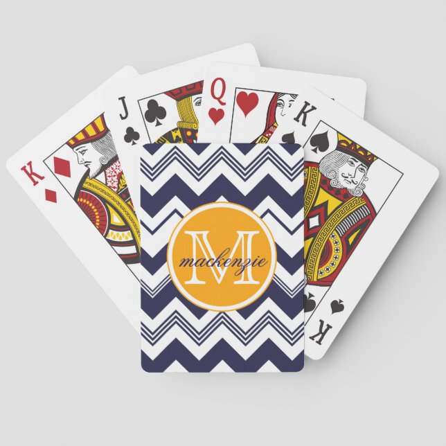 Monogram Namn marblå rödvit Chevron Mönster Spel Kort (Baksidan)