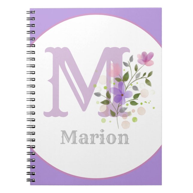 Monogram & namn Marion med blommor Anteckningsbok (Framsidan)
