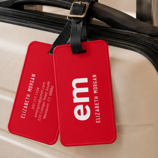 Monogram Namn Modern Minimal Röd Bagage Tag Bagagebricka (Skapare uppladdad)