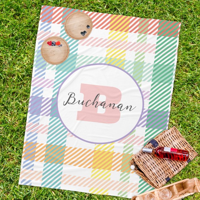 Monogram Namn Modern Pastel Picnic Fleecefilt (Modern Pastel Gingham monogram picnic blanket customizable personalized trendy blanket pink purple)