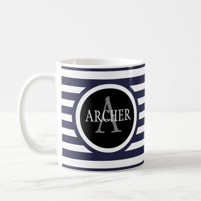 Monogram Namn Navy Rand Kaffemugg (Vänster)