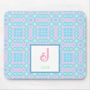 Monogram Namn Neon Rosa Blue Hearts Mönster Musmatta