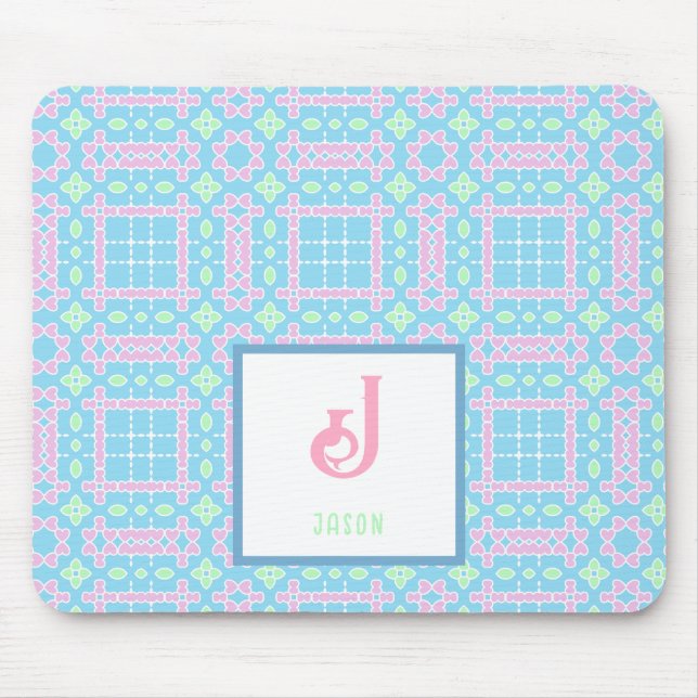 Monogram Namn Neon Rosa Blue Hearts Mönster Musmatta (Framsidan)