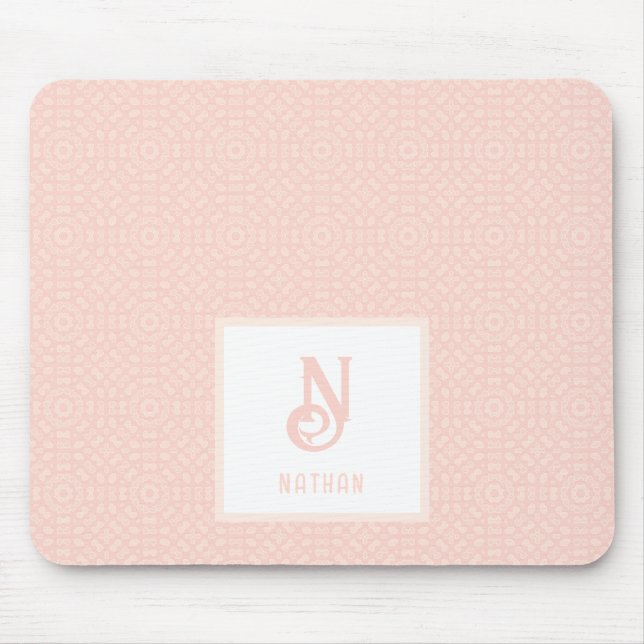 Monogram Namn Neon Rosa Peach Hearts Mönster Musmatta (Framsidan)