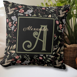 Monogram Namn och inledande svart, botaniskt vatte Kudde