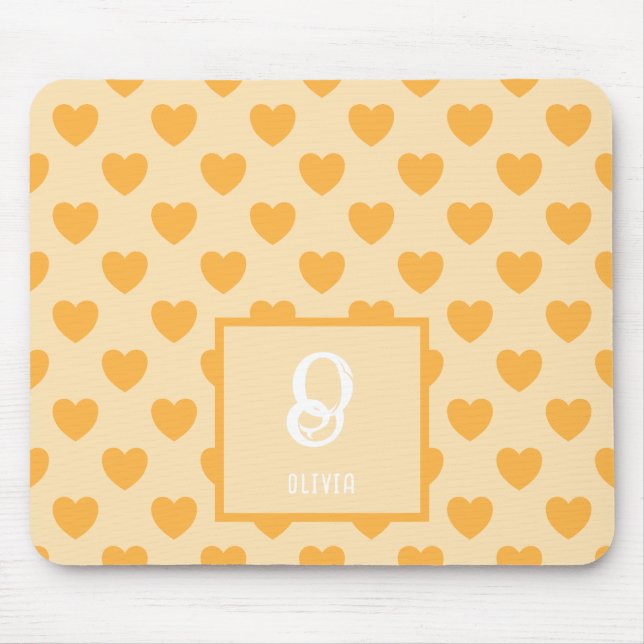 Monogram Namn Orange Hearts Mönster Musmatta (Framsidan)