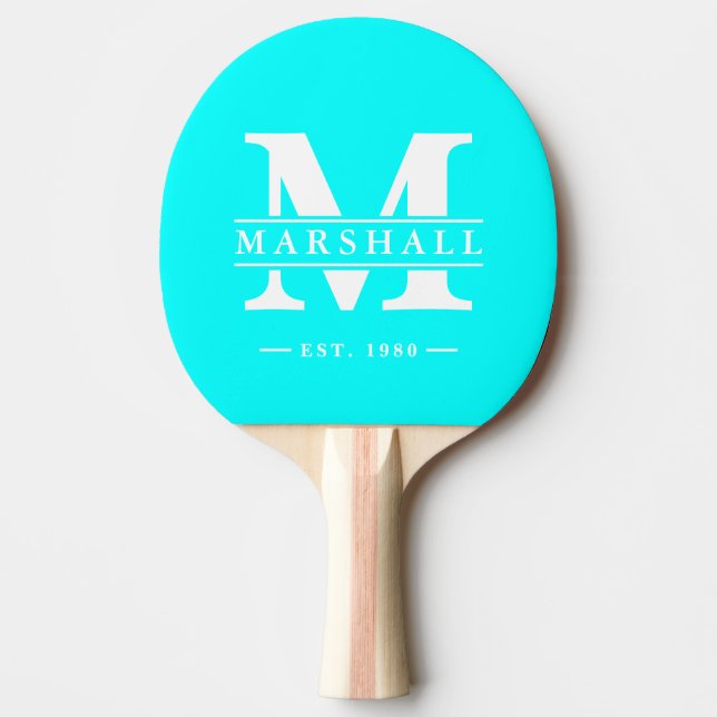 Monogram & Namn Överlägg Elektrisk Retro Cyan Pingisracket (Framsidan)