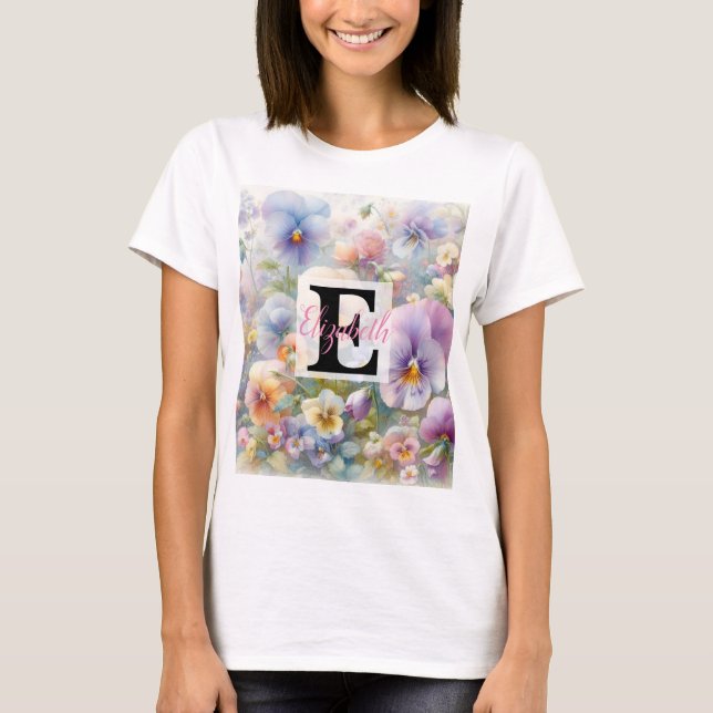 Monogram namn på vattenfärgade Blommor i pastor T Shirt (Framsida)