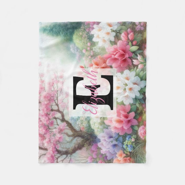 Monogram namn på vattenfärgsblommor i pasteller Th Fleecefilt (Framsidan)