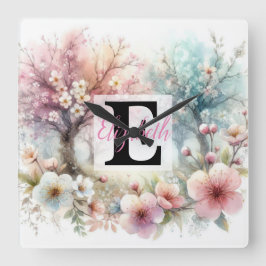 Monogram namn på vattenfärgsblommor i pasteller Th Fyrkantig Klocka