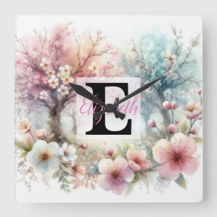 Monogram namn på vattenfärgsblommor i pasteller Th Fyrkantig Klocka