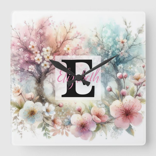 Monogram namn på vattenfärgsblommor i pasteller Th Fyrkantig Klocka (Framsida)