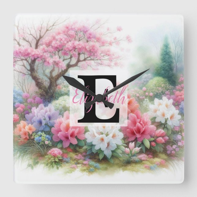 Monogram namn på vattenfärgsblommor i pasteller Th Fyrkantig Klocka (Framsida)