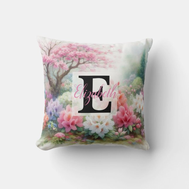 Monogram namn på vattenfärgsblommor i pasteller Th Kudde (Framsida)