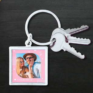 Monogram Namn Photo Trendig Simple Modern Fyrkantig Silverfärgad Nyckelring