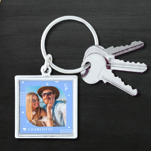 Monogram Namn Photo Trendig Simple Modern Fyrkantig Silverfärgad Nyckelring