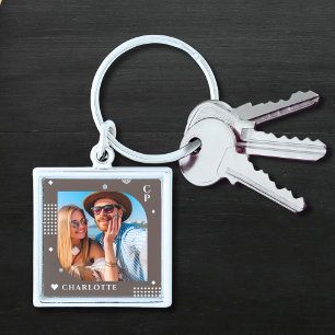 Monogram Namn Photo Trendig Simple Modern Fyrkantig Silverfärgad Nyckelring