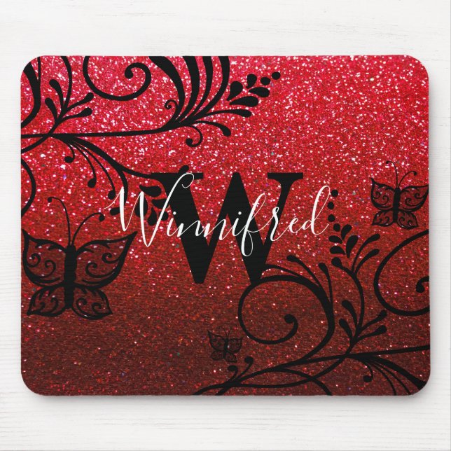 Monogram Namn Red Black Ombre Glitter Butterflies Musmatta (Framsidan)