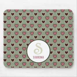 Monogram Namn Red & Grönt Hearts Mönster Mouse Pad Musmatta