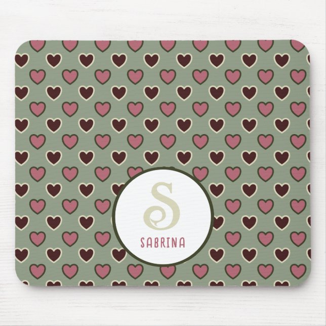Monogram Namn Red & Grönt Hearts Mönster Mouse Pad Musmatta (Framsidan)