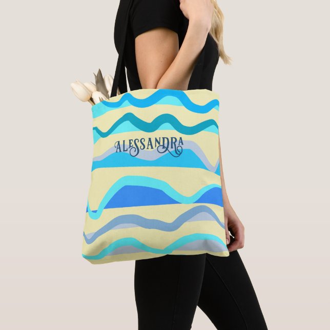 Monogram namn retro nautisk blå gult vinkarare tygkasse (Närbild)