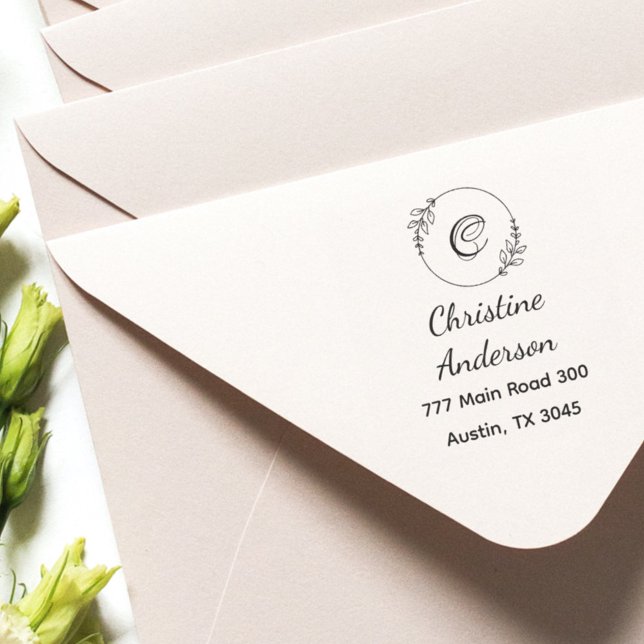 Monogram Namn Returadress Greenery Wandey Självfärgande Stämpel (Skapare uppladdad)