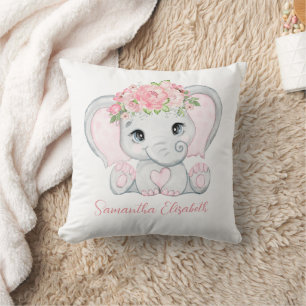 Monogram Namn Rosa Baby Elephant Flicka Nursery Kudde