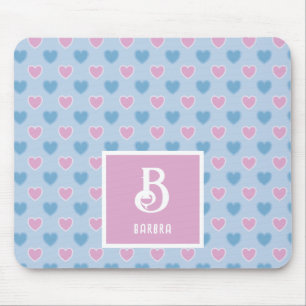 Monogram Namn Rosa & Blå Hearts Mönster mussla Musmatta