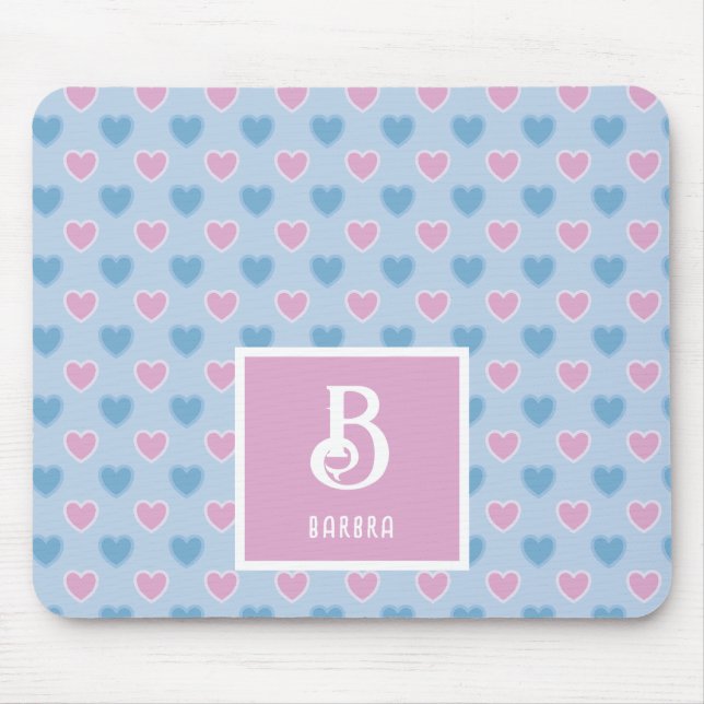 Monogram Namn Rosa & Blå Hearts Mönster mussla Musmatta (Framsidan)