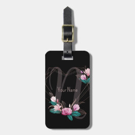 Monogram Namn Rosa Blommigt Geometric Ram Black Bagagebricka