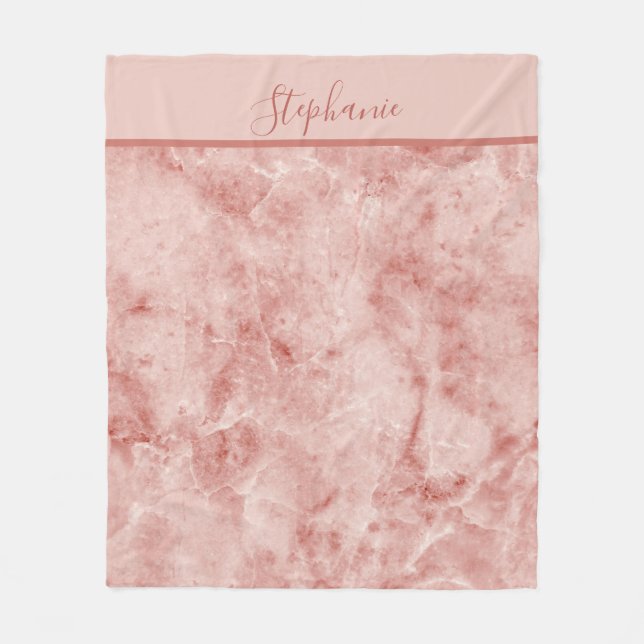 Monogram Namn Rosa Coral White Marble Fleecefilt (Framsidan)