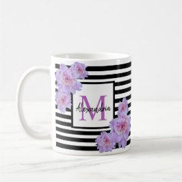 Monogram Namn Rosa Flower Black Rand Kaffemugg