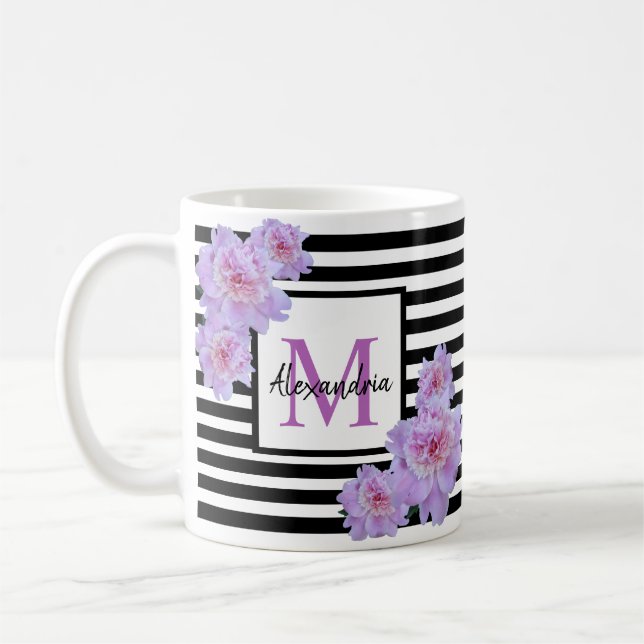Monogram Namn Rosa Flower Black Rand Kaffemugg (Vänster)