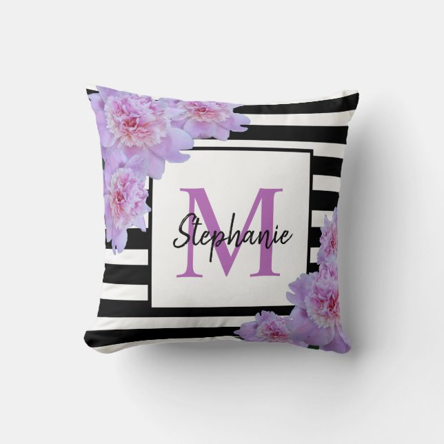 Monogram Namn Rosa Flower Black Rand Lila Kudde (Framsida)
