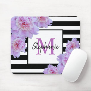 Monogram Namn Rosa Flower Black Rand Lila Musmatta