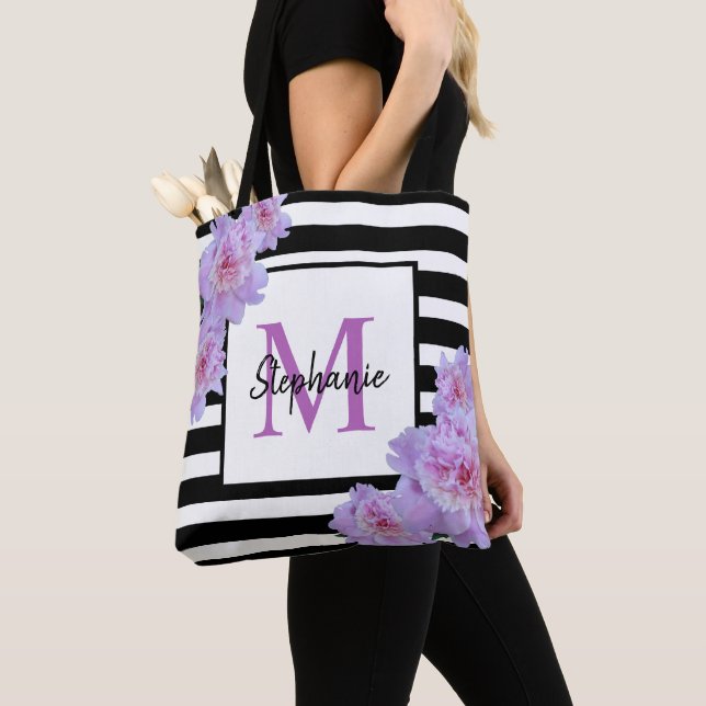 Monogram Namn Rosa Flower Black Rand Tote Bag Tygkasse (Närbild)