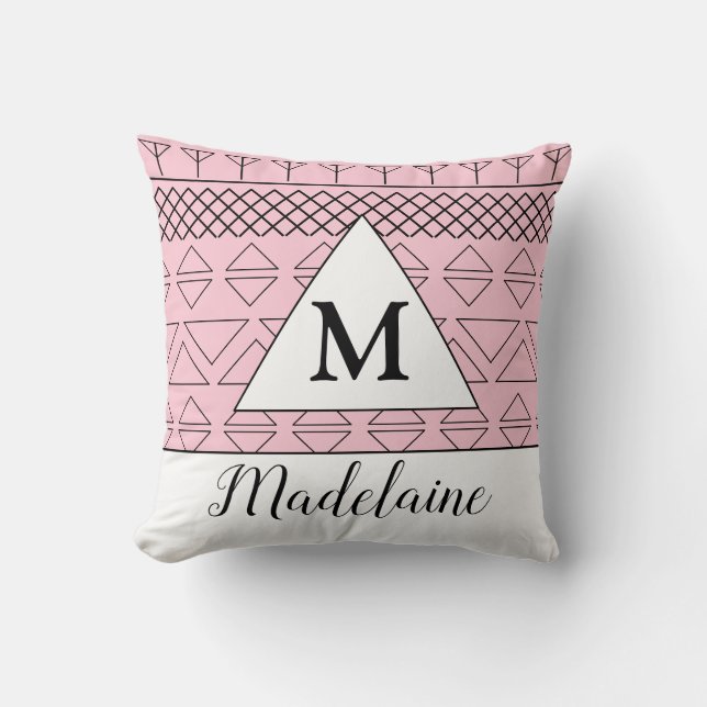 Monogram Namn Rosa Geometric Mönster Skriv ut Kudde (Framsida)
