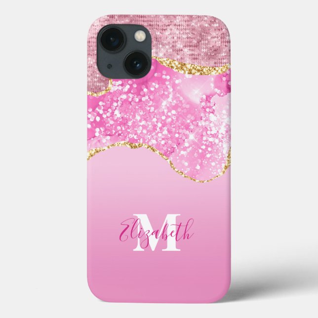 Monogram Namn Rosa Glam Bling Glitter (Baksida)