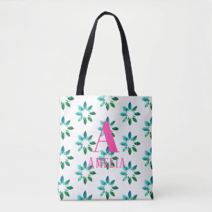 Monogram Namn Rosa Grönt Retro Blommigt Vattenfärg Tygkasse