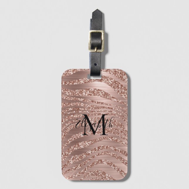 Monogram Namn Rosa Guld Glitter Djurtryck  Bagagebricka (Framsida vertikal)