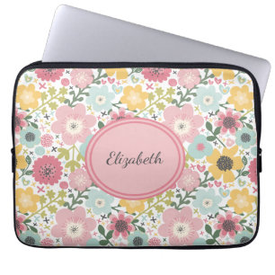 Monogram Namn Rosa Gult Blå Blommigt Feminin  Laptop Fodral