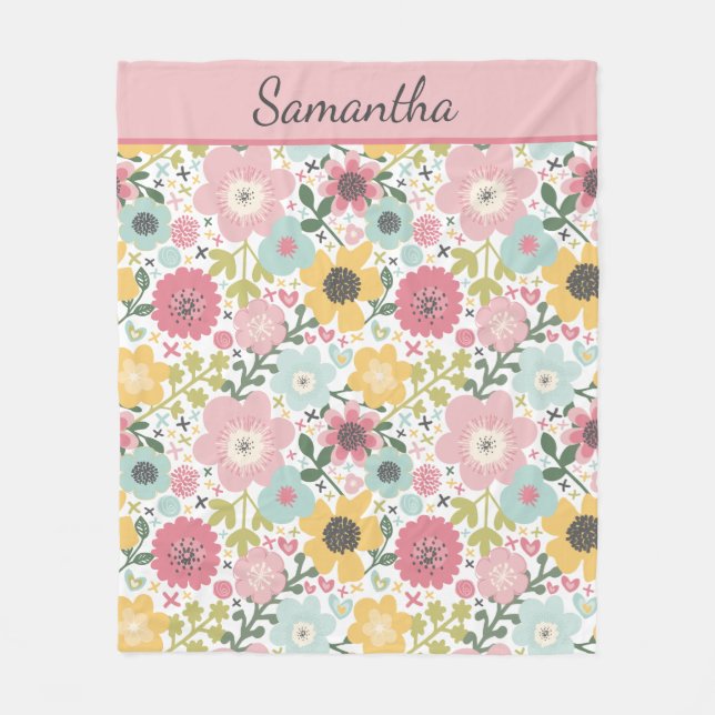 Monogram Namn Rosa Gult Blått Blommig  Fleecefilt (Framsidan)